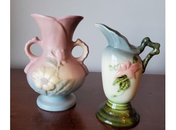 Two Hull Art Pottery Vintage Vases Circa 1940s -w-3 5 1/2' Woodland Pitcher Vase & Pink / Blue Flower Vase