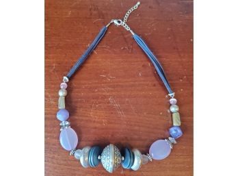 Lovely Vintage Decorative Metals, Colored Stones And Beads Necklace With Cloth Ribbon Connectors.