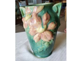 Vintage Roseville Art Pottery -red Clematis Flowers On A Green Vase With Handles #105-7' Circa 1944-50