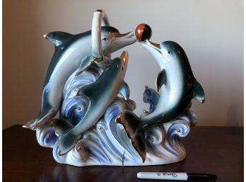 Large Vintage Playful Dolphins And Oceanic Wave Sculpture - Circa 1950s