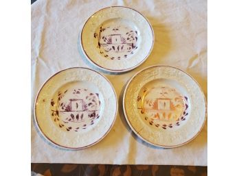 19th C. 3 Antique Pink Lusterware Plates A Pretty House Encircled By Leaves & Birds Up Above -rough But Lovely