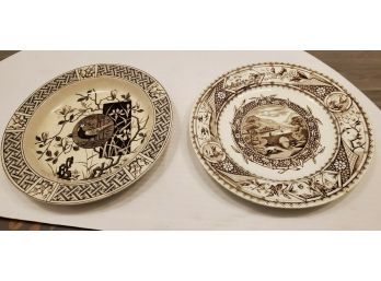 2 Antique Brown Transferware: Dinner Bowl Made By Mintons  & A Plate Made By G W. Turner & Sons, Tunstall