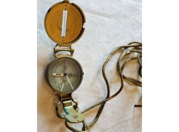 Vintage Brass Lensatic Compass, Liquid- Filled, Braodway. Also Marked Japan. 48' Rawhide Lanyard