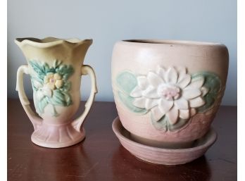 Two Hull Art Pottery 1940s Pieces - W-3  5 1/2' Vase & L-25 5 1/2' Planter With Attached Drip Tray