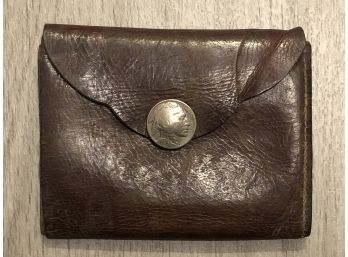 Vintage Brown Leather Tri-fold Wallet With Indian Head Nickel Button: Two Compartments Plus Bill Fold