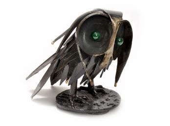 HAND TORCHED WELDED IRON STEEL OWL SCULPTURE STATUE - SIGNED