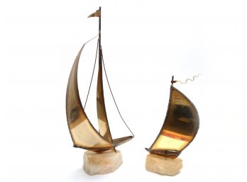 PAIR OF POST MODERN DEMOTT BRASS ON MARBLE SAILBOAT SCULPTURES