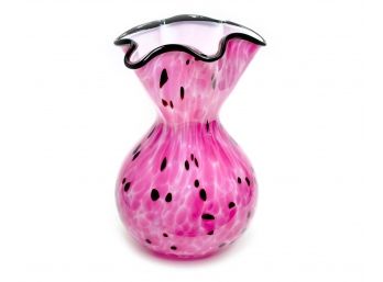 VINTAGE HAND BLOWN PINK BLACK ART GLASS VASE