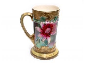 ANTIQUE GILDED HAND PAINTED PORCELAIN MUG STEIN TANKARD - GOLD LIMOGES FLOWER