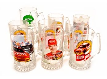 Lot Of 9 Slim Jim Collectors Edition Auto Racing And Football Glass Beer Steins