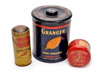 Three Antique Advertising Tins - Granger, John Middleton's & Pounce