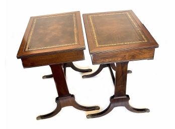 Antique Pair Of  Claw Foot Leather Top Side End Tables W/ Draw