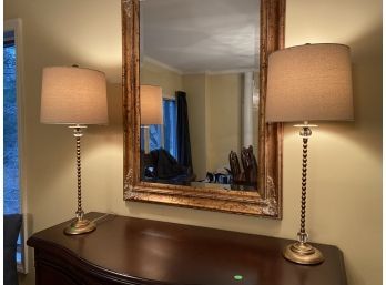 Beautiful Pair Of Bronze Metallic Buffet Lamps With Natural Linen Shades