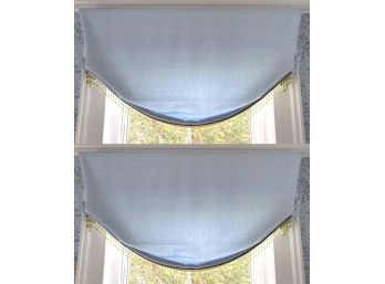 Pair Of Pale Blue Swag Window Valances With Silk Cording And Light Green Beaded Detail