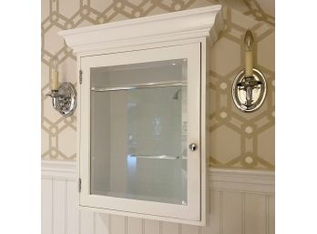 White Beveled Mirror Medicine Cabinet With Chrome Finish Candle Sconces