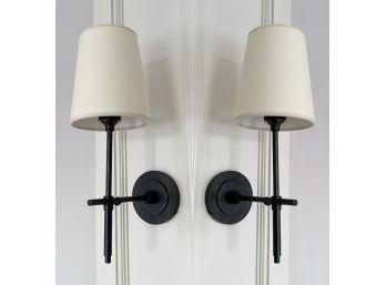 Pair Of Black Coated Iron Light Sconces With Shades