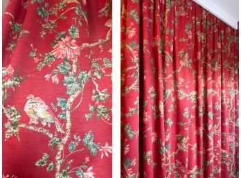 Red Botanical Motif Curtain Panel With Velcro Top And Rushed Swag Valance