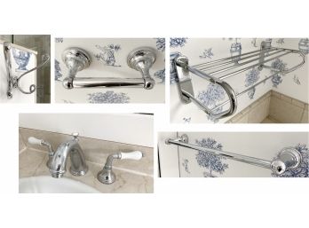 Polished Chrome Bathroom Faucet With Porcelain Handles And Wall Mount Accessories