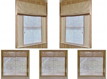 Pair Of Custom Window Valances And Five Bamboo Shades