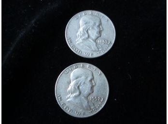 2 - Coins, 1957 U.S. Franklin Silver Half Dollars