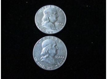 2 - Coins, 1963 U.S. Franklin Silver Half Dollars