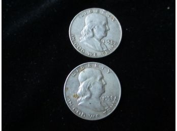 2 - Coins, 1958 U.S. Franklin Silver Half Dollars