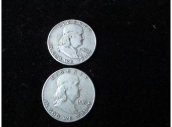 2 Coins, 1949 & 1950 U.S. Franklin Silver Half Dollars