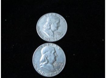 2 - Coins, 1956, 1961 U.S. Franklin Silver Half Dollars