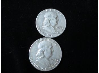 2 - Coins, 1953 U.S. Franklin Silver Half Dollars, 90 Silver.