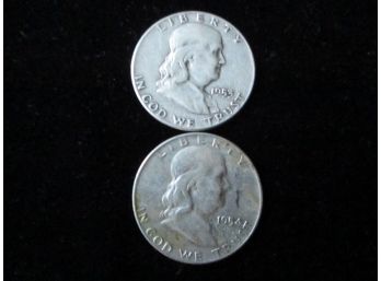 2 - Coins, 1953 & 1954 U.S. Franklin Silver Half Dollars