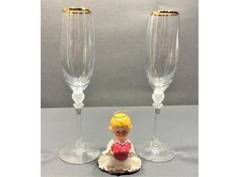 Pair Of Two Gold Trimmed And Frosted Heart Champagne Glasses & Small Valentines Day Figurine