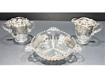 Striking Vintage Cambridge Silver Inlay Over Glass Three Section Dish, And Footed Creamer And Sugar