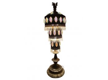 Dramatic Vintage Moroccan Style Three Way, Three Tiered Punched Brass Lamp With Decorative Jeweled Accents