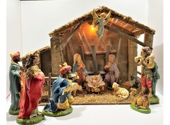 Vintage Sixteen Piece Wood Creche And Ceramic Figurines Nativity Set - Hand Painted - Made In Italy