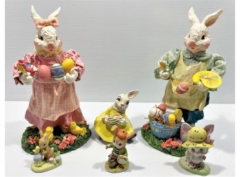 Cute Set Of Bunny Figurines Including Fabric Mache & Ceramic Bunnies