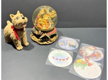 Lot Of Miscellaneous Decorative Items Including 'Silent Night' Snow Globe, Cute Felt Dog, And Christmas CDs