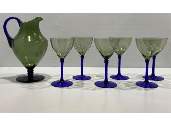 MCM Bohemian Style Wine Glasses And Pitcher With Blue Cobalt Handle And Stems