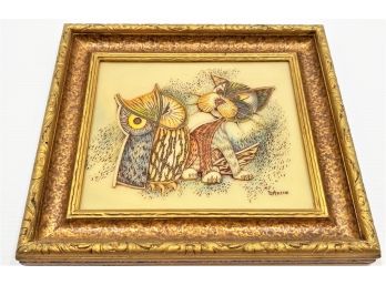 Vintage Hand Painted Twin Etched Framed Artini Sculptured Four Dimensional Cat & Owl Engraving