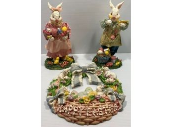 Set Of Fabric Mache Bunnies Including Painter 'happy Easter' Sign & Easter Egg Bunny