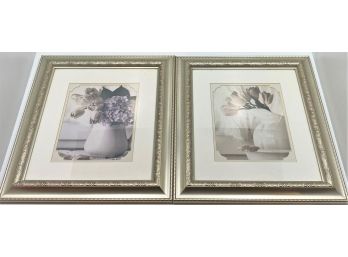 Pretty Pair Of Silver Framed & Matted White Tulips & Geraniums Art Prints