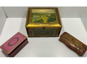 Vintage Collection Of 3 Tins Including The Mohawk Valley At Canajoharie, Louis Sherry Candy Tin, Chelsea Tin