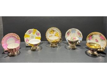 Lovely Vintage Group Of Five Matching Teacup & Saucers - Includes Ucagco, Royal Halsey China, And More