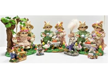 Fabric Mache Spring Bunnies Set Including Bunnies On Swing, Bunnies Having A Picnic & More