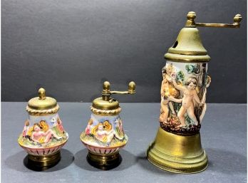 Vintage Capodimonte 3D High Relief Cherubs Large And Small High Pepper Mills & Salt Shaker - Italy