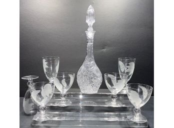 Lovely Mid Century Modern Crystal Fall Themed Water And Wine Glasses With Cut Glass Decanter