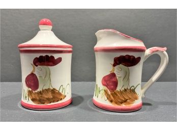 Pair Of 'Hand Painted' Porcelain Rooster Creamer And Sugar