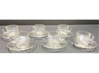 Six Classic Clear Vitrosax Demitasse/Cappuccino Cups With Six Small Saucers - Made In Italy