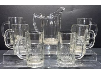 Six Classic Clear Beer Mugs With  Clear Pitcher