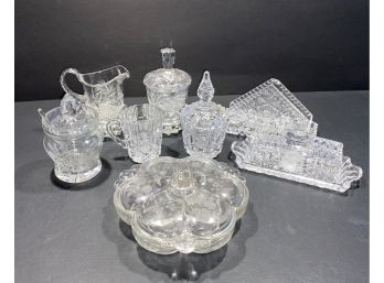 Vintage Collection Of Cut Glass And Crystal With Butter Dish, Sectional Dish, Creamer, Sugar, Etc