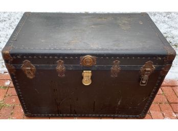 Vintage Black Storage Trunk With Eagle Lock And Leather Strap Handles